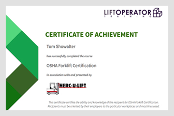 OSHA forklift certification certificate sample